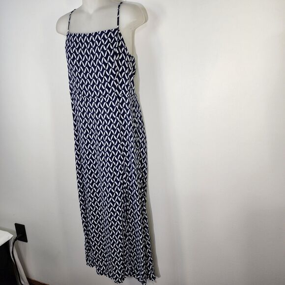 Banana Republic Dress Medium Slit Midi Navy Spaghetti Straps Smocking Geometric - Picture 4 of 12